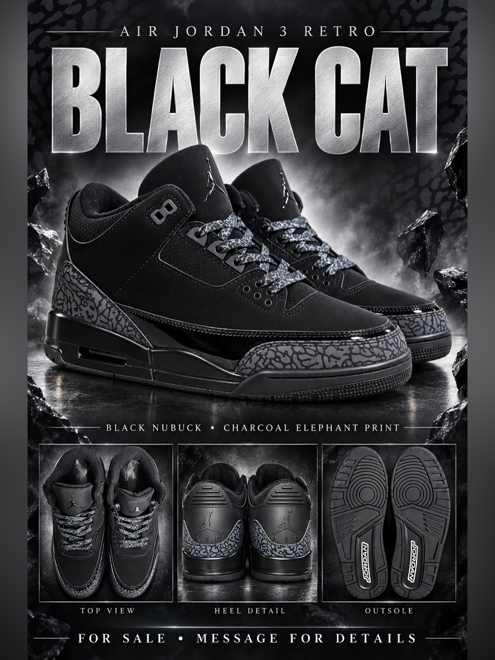 Air Jordan 3 Retro "Black Cat", featuring an all-black nubuck upper🔥New! Size:12